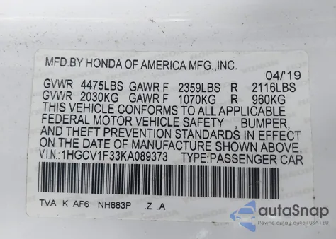 2019 Honda Accord Sport из США, поврежденный, VIN 1HGCV1F33KA089373